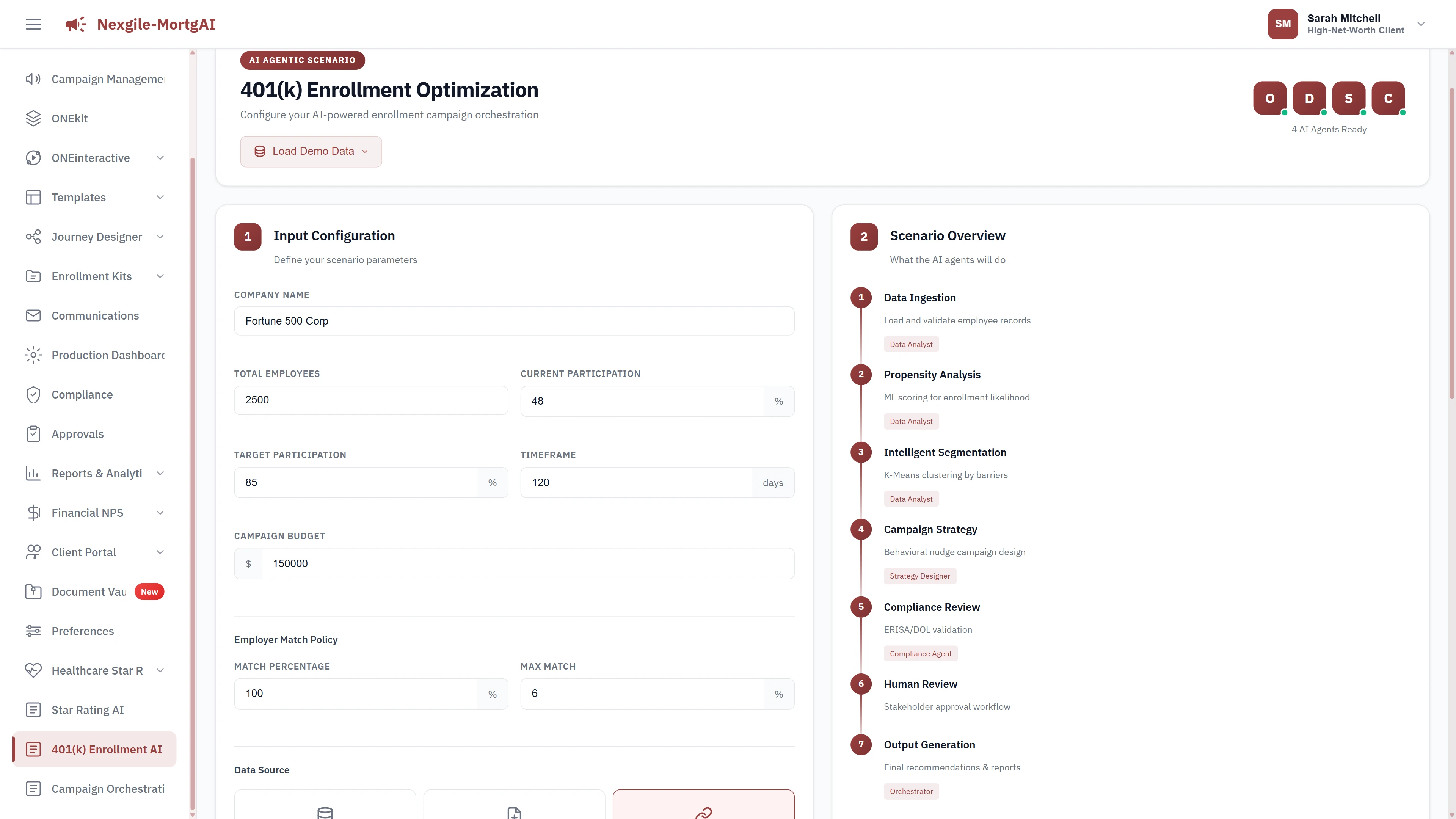Input Configuration screen for setting company parameters and enrollment targets.
